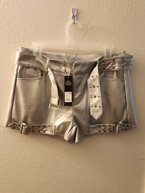 Silver Metallic Women’s Shorts with Decorative Belts